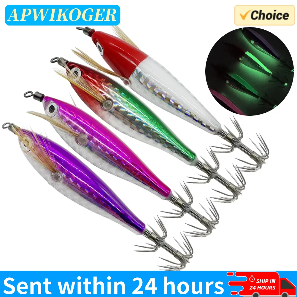 Señuelo de pesca de camarones de madera, Señuelos de Pesca luminosos, anzuelo de calamar Artificial, pulpo, sepia, cebos duros para pesca en el mar, 7,5 cm, 1 Uds.