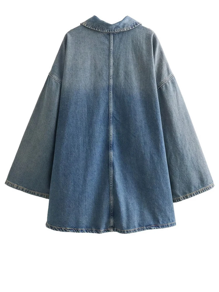 [EAM] Frauen Blau Allmähliche Farbe Denim Casual Mini Shirt Kleid Neue Revers Langarm Mode Flut Frühling Herbst 2024 1DH5425