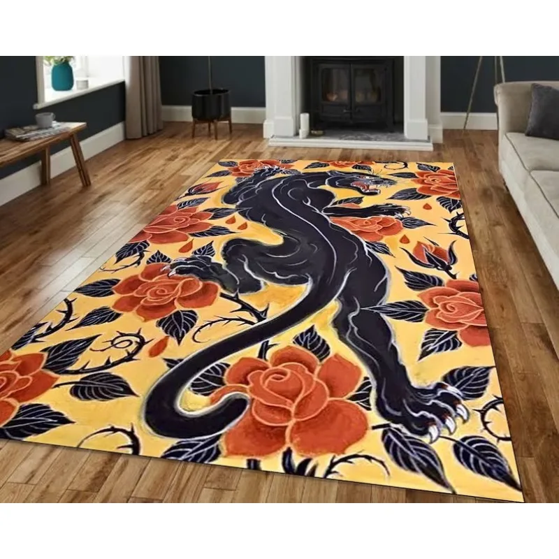 Black Tibetan Tiger Rug Yellow Based Orange Rose Themed Eclectic Animal Mythological Carpet Gift for Bedroom Kitchen Area Rug