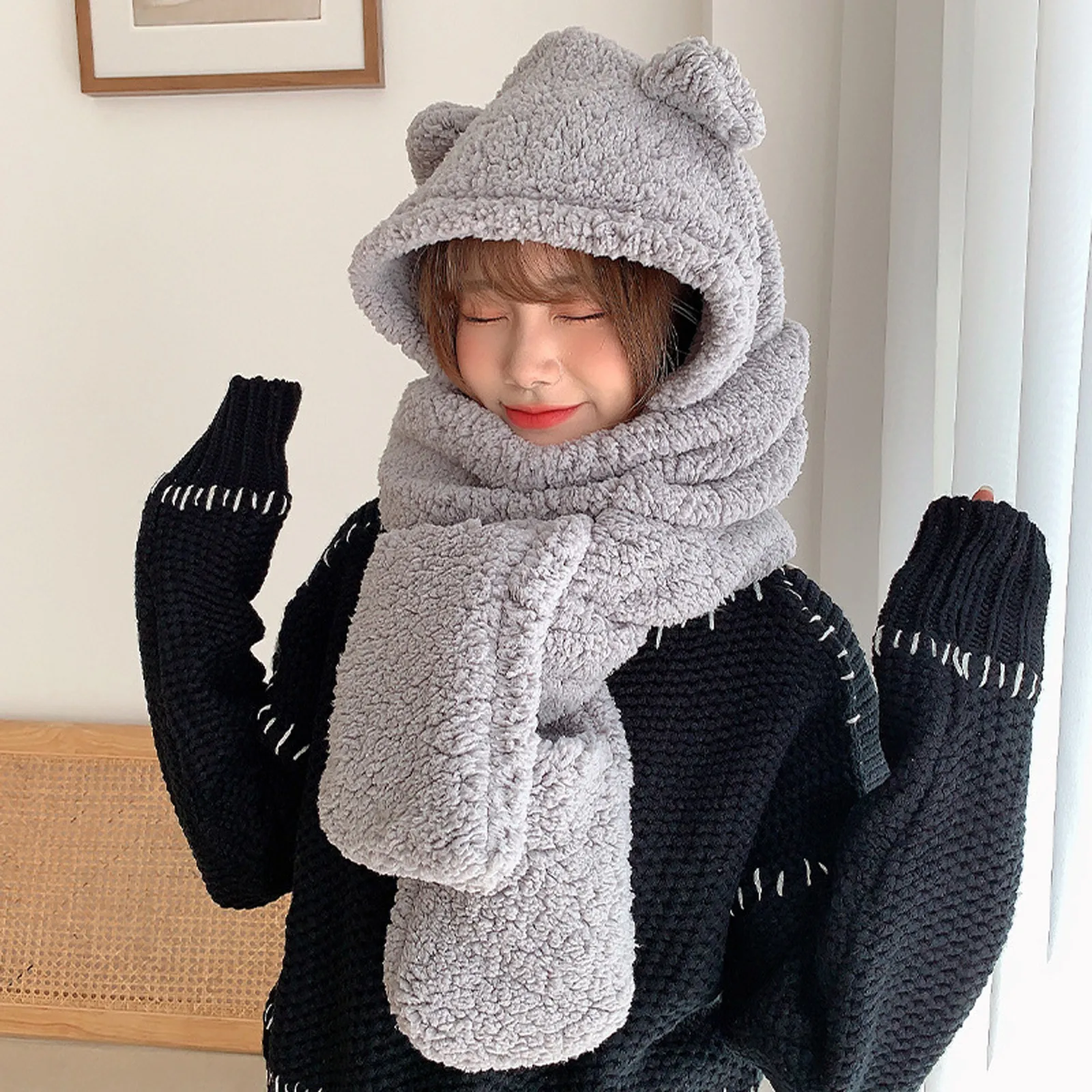 Hat Scarf Gloves Women Cute Cartoon Thick Hat Ear Protectors Warm Plush Hat Thickened Cute Little Bear Plush Hat Windproof Ear