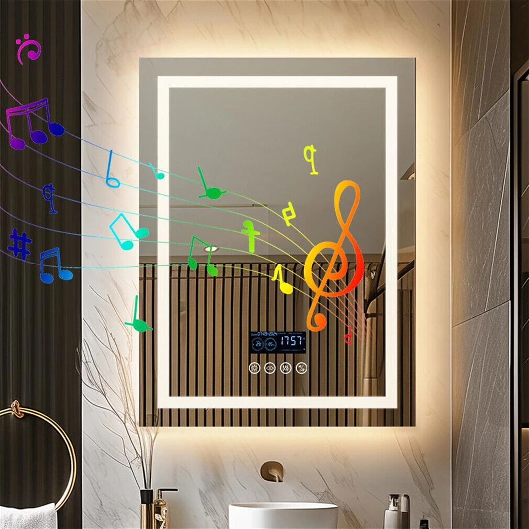 Smart LED Bathroom Mirror Rectangle Wall Mount Mirror w Bluetooth Speaker,Time,Temperature,Light Memory,Front & Backlit,Anti-Fog