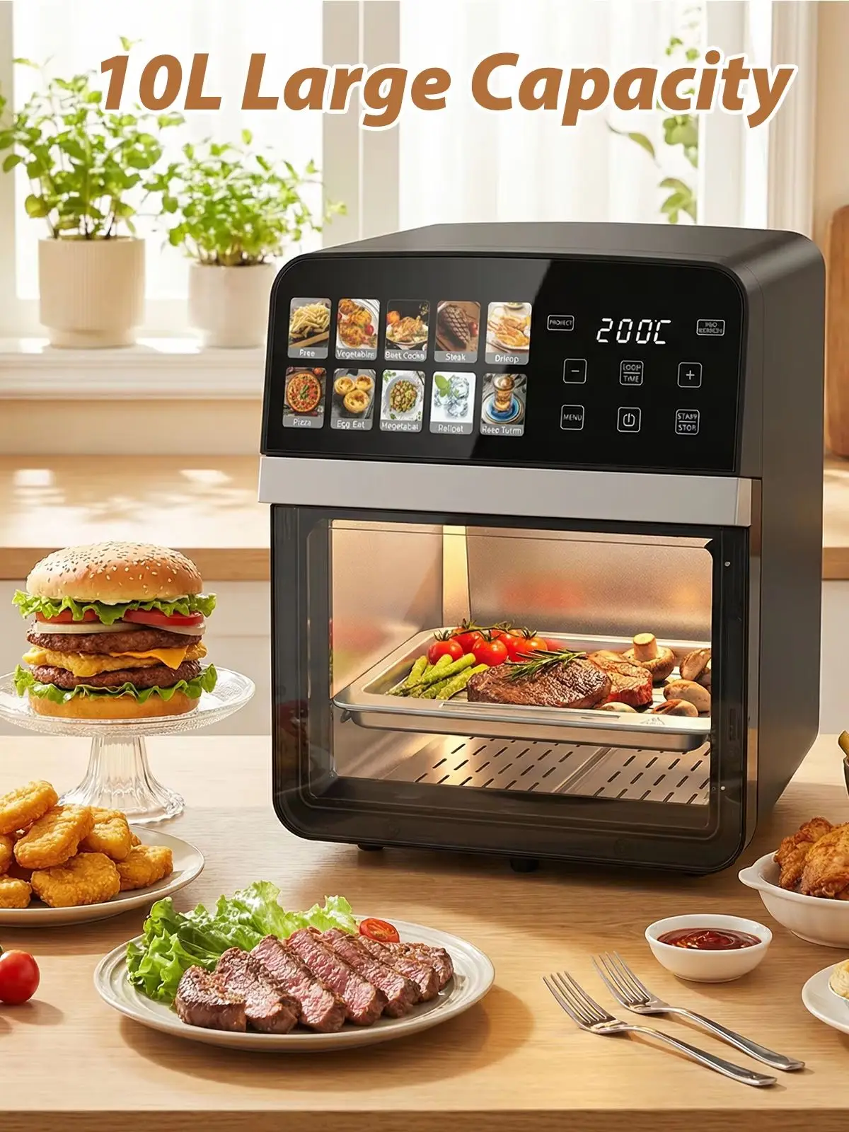 10L Große Kapazität Heißluftfritteuse, 1800W Heißluftofen mit 360° Umlufttechnologie, 80-200°C, Timer, Multifunktionsbackofen mit Touchdisplay für die ganze Familie, ölfreies Kochen für Pizza, Huhn,