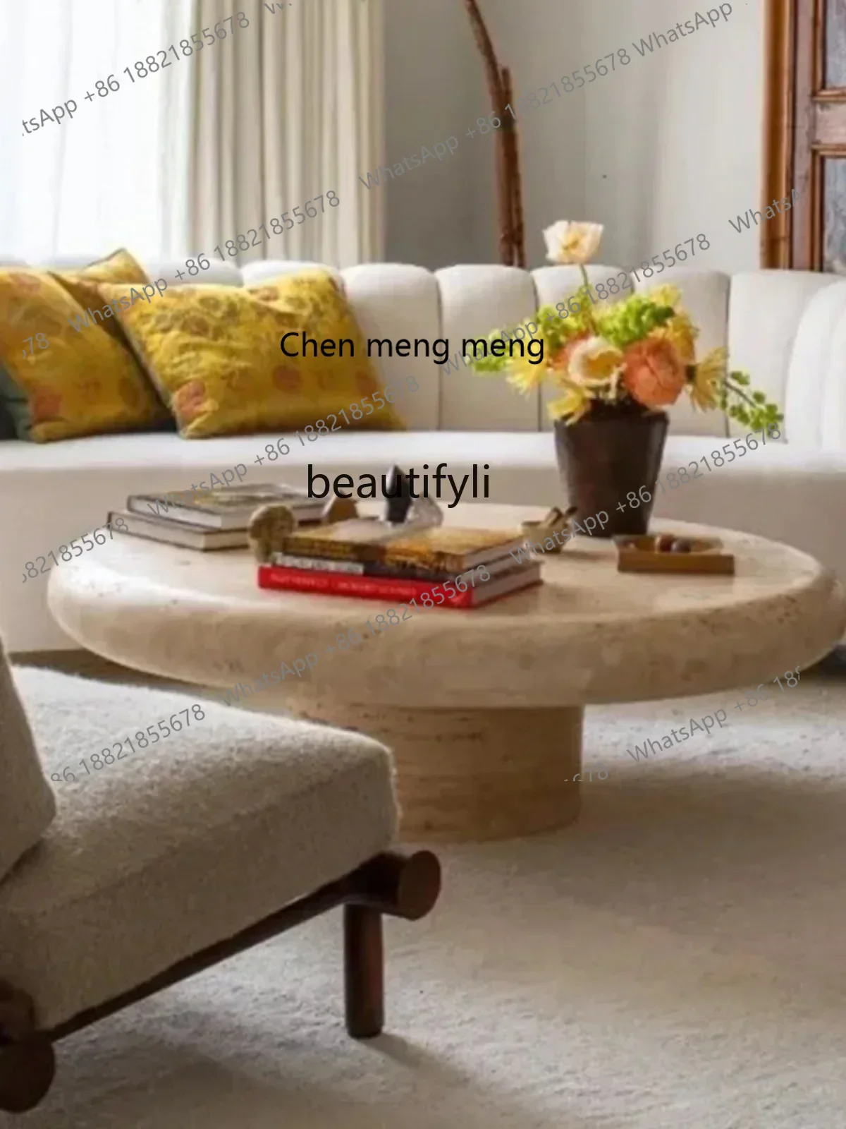 X Natural Cave Stone Coffee Table Designer Living Room Silent Style round Table Marble Retro Tea Table Middle AncientQ