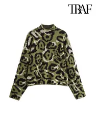 TRAF-Women's Leopard Jacquard Knit Sweater, High Neck, Long Sleeve, Female Pullovers, Chic Tops, Fashion