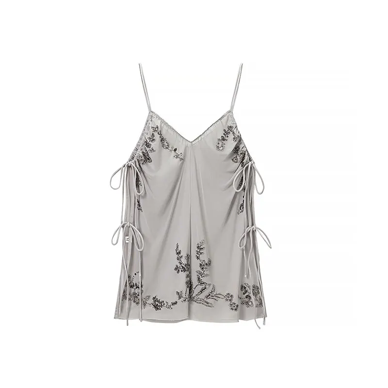 Nlzgmsj 2026 Women Sequin Embroidery Two Piece Set Spaghetti Strap Deep V Neck Side Tie Up Cami Top Lantern Loose Pants Vacation