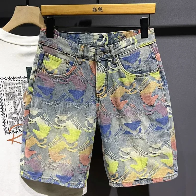 

Летние новые модные трендовые прямые джинсовые шорты с принтом, мужские повседневные свободные спортивные удобные брюки высокого качества больших размеров