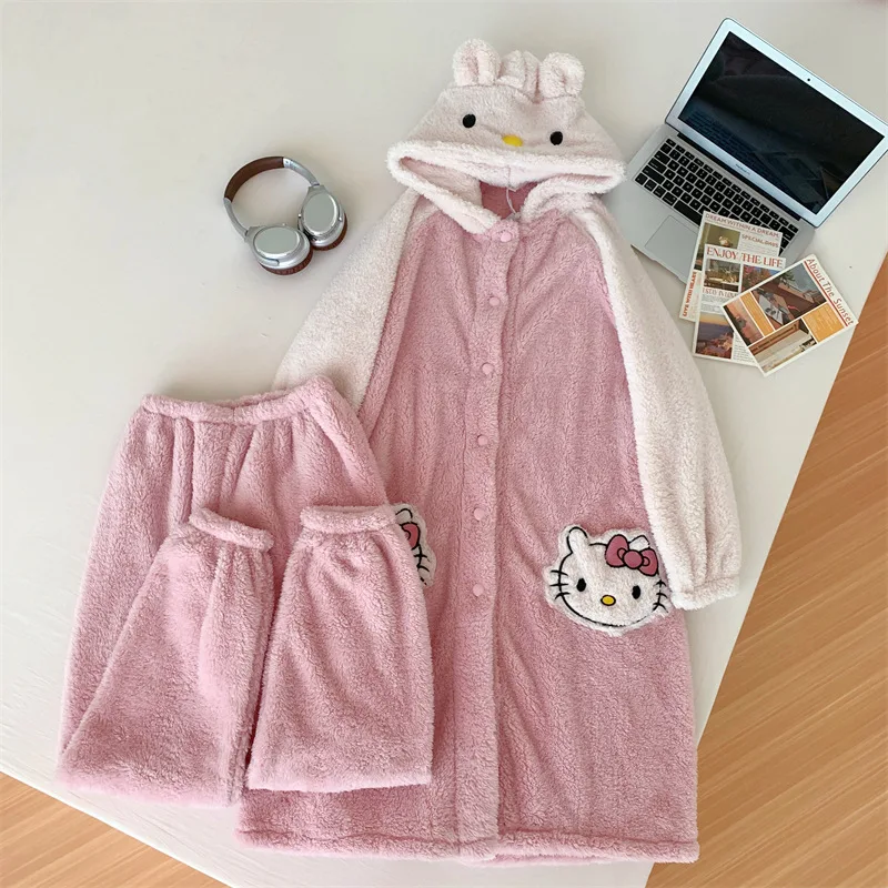 

Kawaii Cute Sanrio Hello Kitty Anime Ladies Pajamas Winter Thickening Warm Hooded Nightgown Cartoon KT Cat Plush Homewear Set