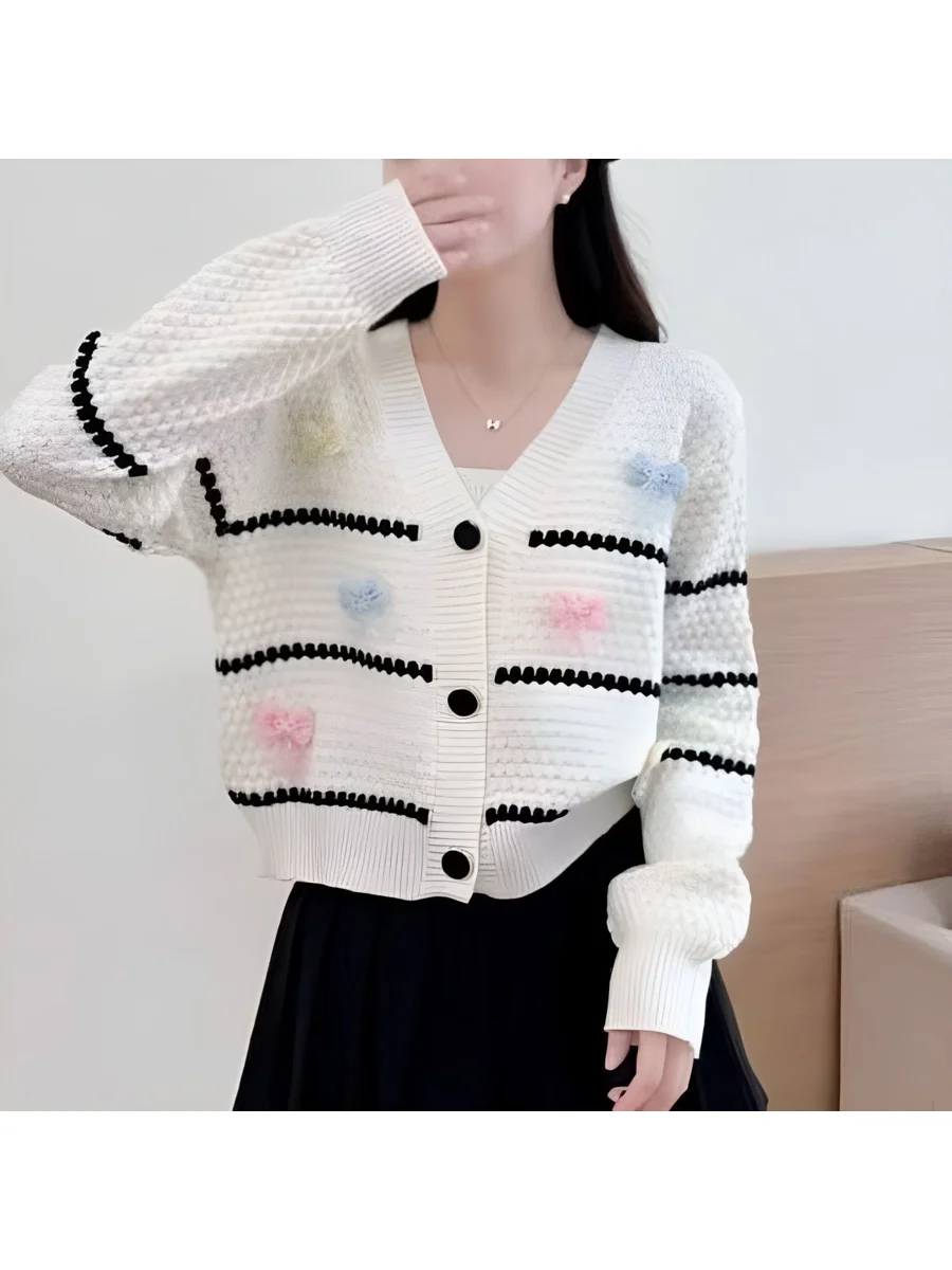 Color Block Striped Knitted Short Cardigan Women's V Neck Button Sweater Slimming Versatile Top Autumn Winter New Outerwear