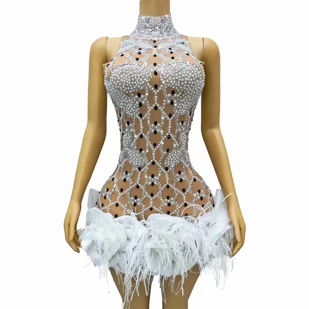 Strój imprezowy dżetów perły koronkowa sukienka z piórami kobiety urodziny suknia wieczorowa etap wykonaj kostium do sesji zdjęciowej