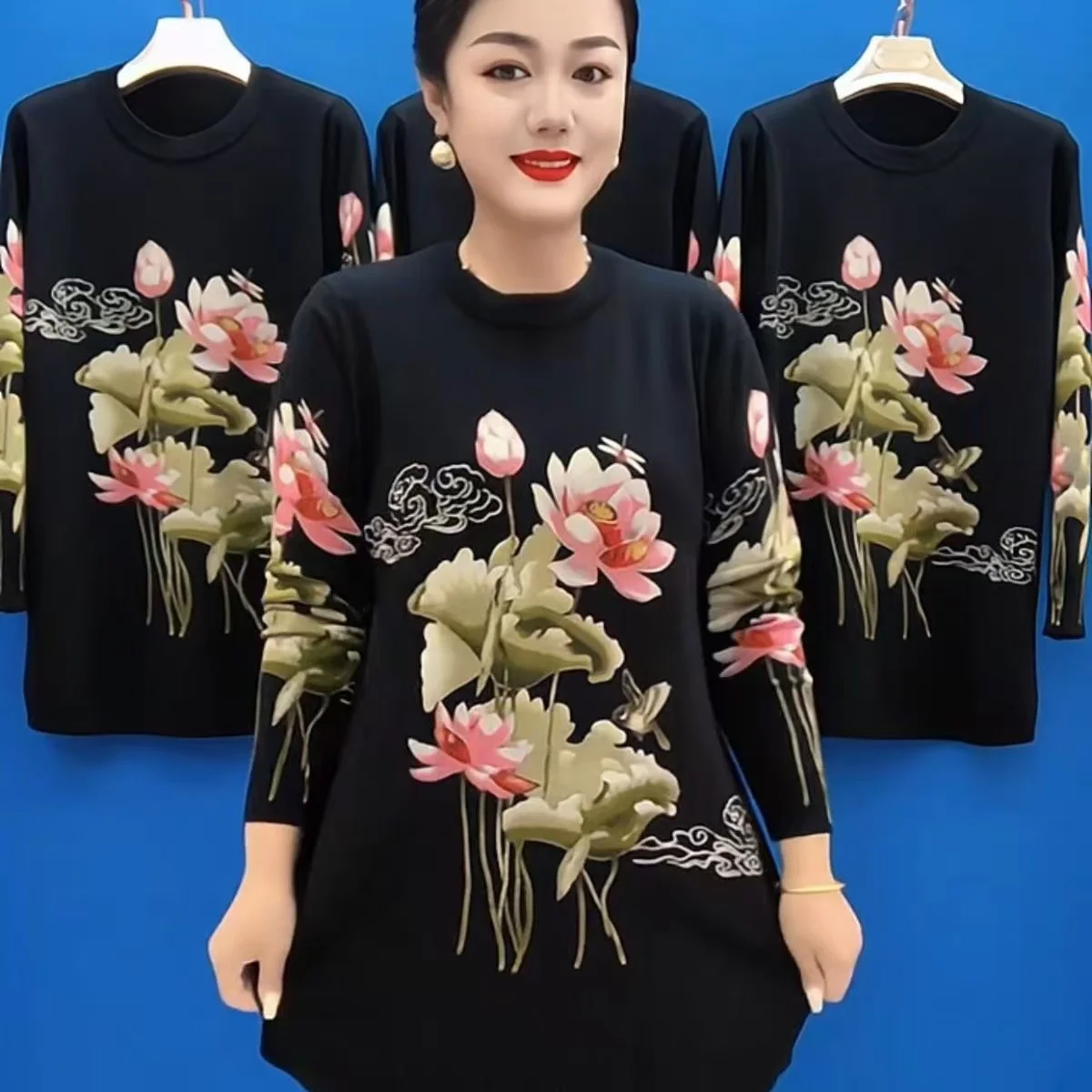 Loose Women's T-shirt Printed Base Shirt Fashionable Mid-Length Butt Covering Mommy Style Autumn Winter Casual Loose Top