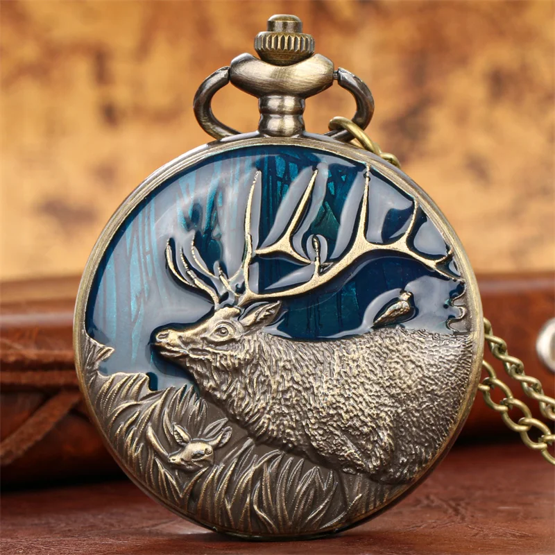 

Карманные часы в стиле стимпанк с цепочкой и узором лося, полные охотничьи кварцевые часы для мужчин и женщин, часы с арабскими цифрами и дисплеем