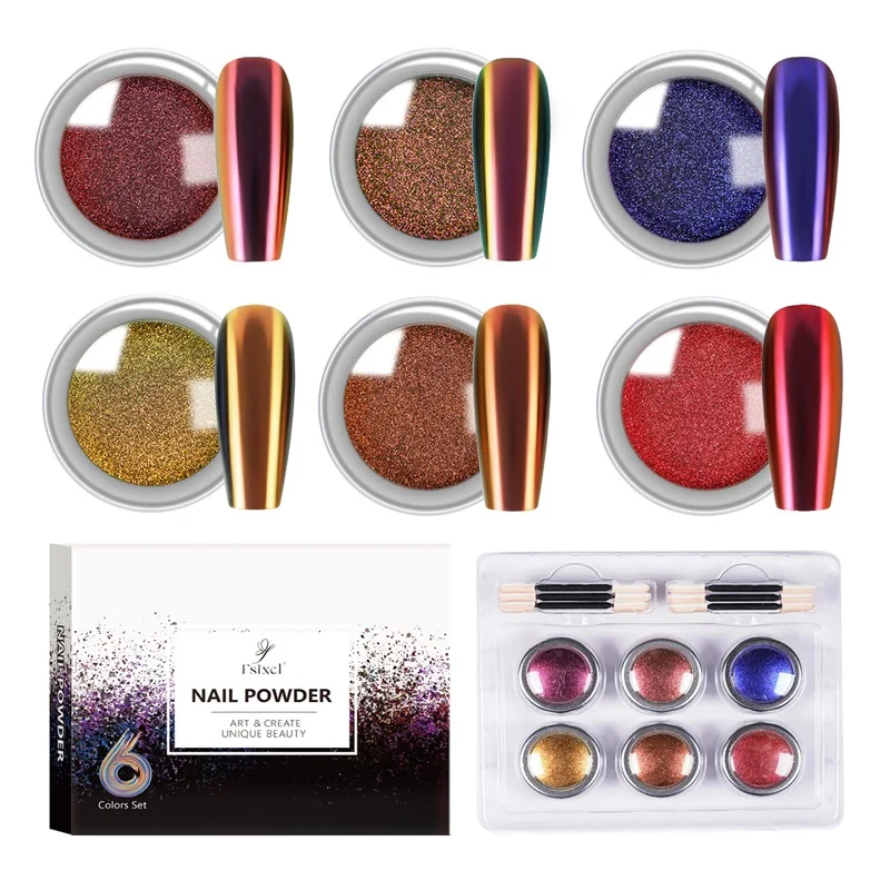 

FSIXCL Nail Chrome Powder Iridescent Chameleon Color Shift Effect Rubbing Pigment for Nail Art Decoration DIY 6 Colors Set