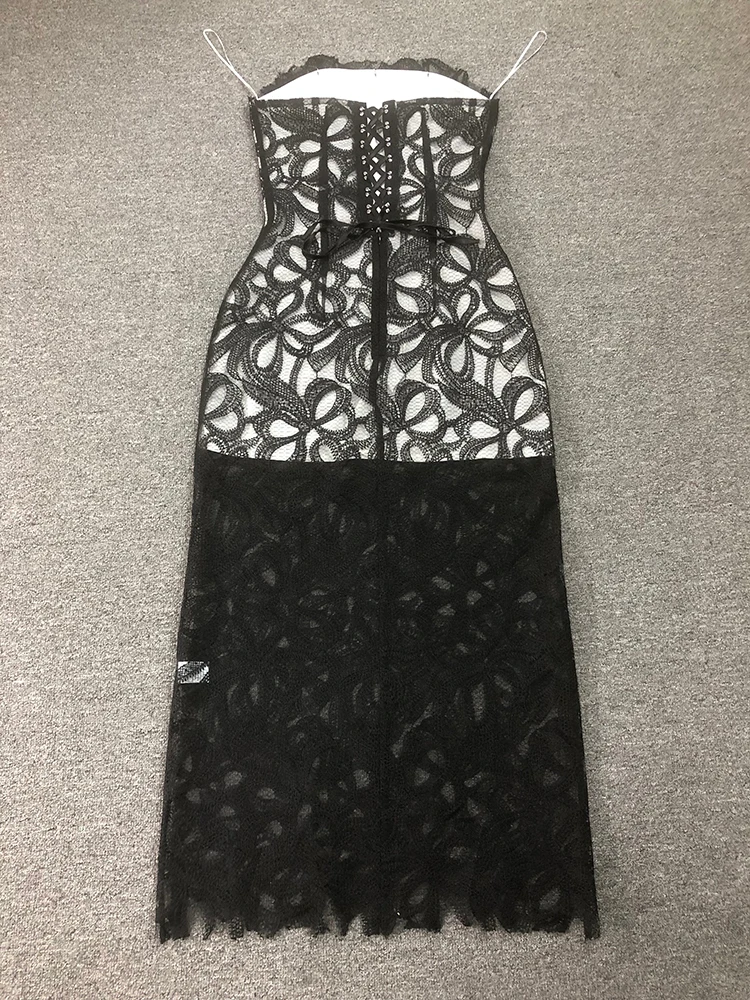 Sexy trägerloses Spitzen-Blumen-Bodycon-Kleid für Damen, schwarz, ärmellos, rückenfrei, mit Schnürung, Midi-Kleider, Promi-Abend-Party-Kleider
