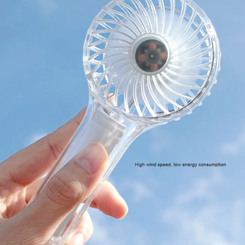 Colorful Lights Mini Handheld Fan Transparent Quiet Rechargeable Hanging Portable For Outdoor Travel Women White