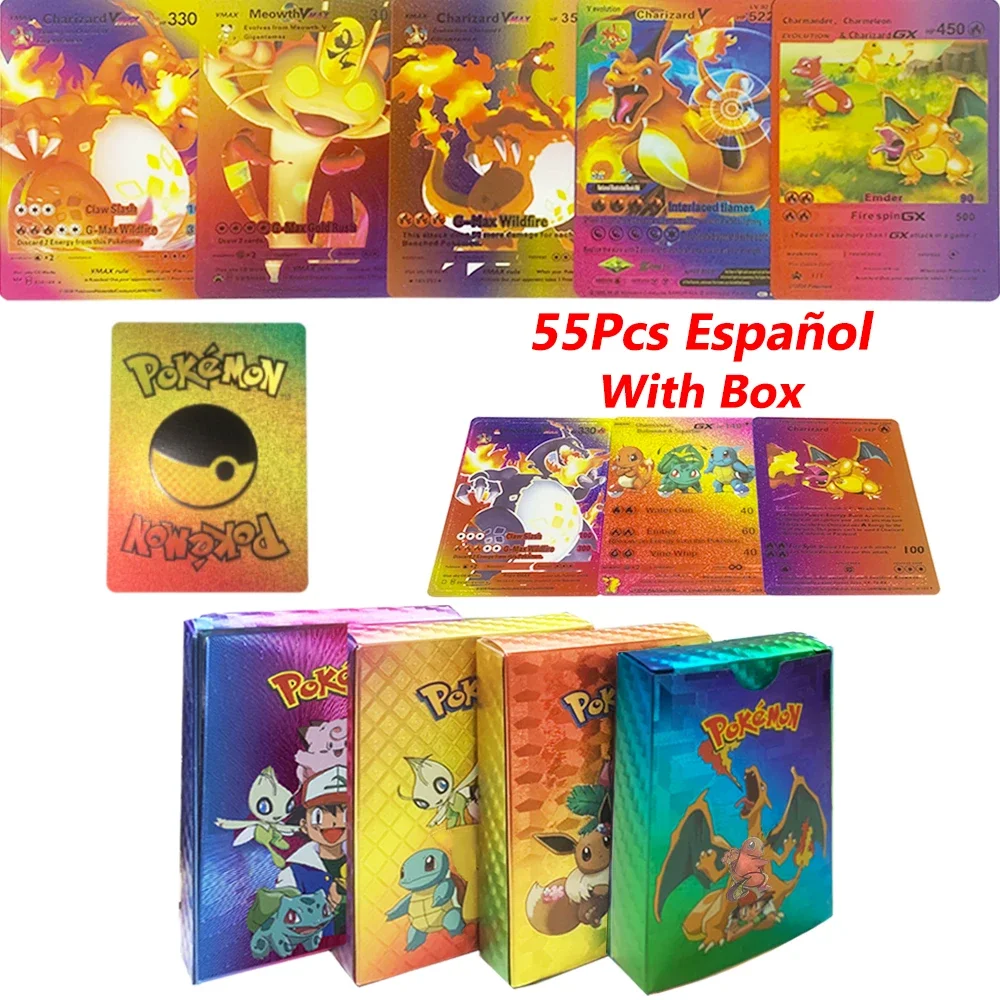 Pokemon Gold Pikachu Cards Box, Prata, Espanhol, Inglês, Francês, Alemão, Charizard, Vmax, Jogo Gx, Coleção Batalha, Cartão Presente