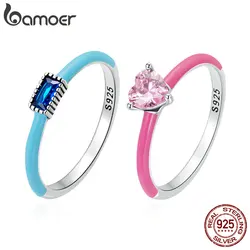 Bamoer 925 Sterling Silver Exquisite Square Shining Pink-Heart cyrkon pierścień dla kobiet eleganckie zespoły pasujące prezenty ślubne dla nowożeńców