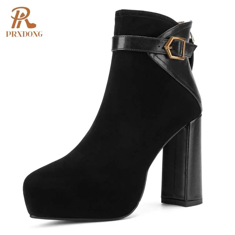 PRXDONG 2024 New Summer Brand Genuine Leather Autumn WInter Warm Ankle Boots Chunky High Heels Platform Black Brown Dress Shoes