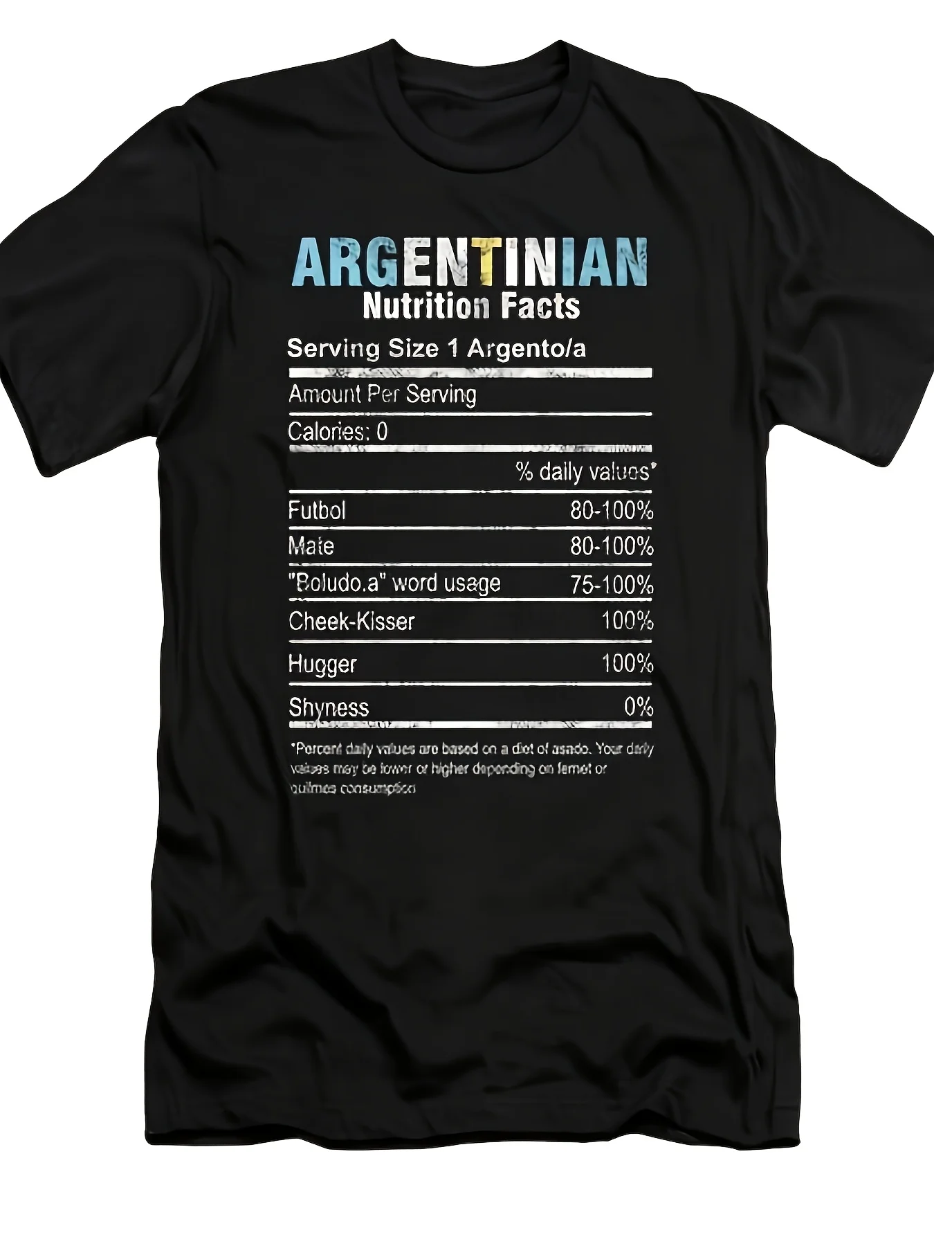 Argentina People Heritage Descent Argentinian Nutrition Facts T-Shirt Retro Casual Short-Sleeved T-Shirt with a Round Neck And Printed Pattern Suitable for Daily Commuting And Outdoor Activities Plus Size Retro Casual Round Neck Printed T-Shirt Unis