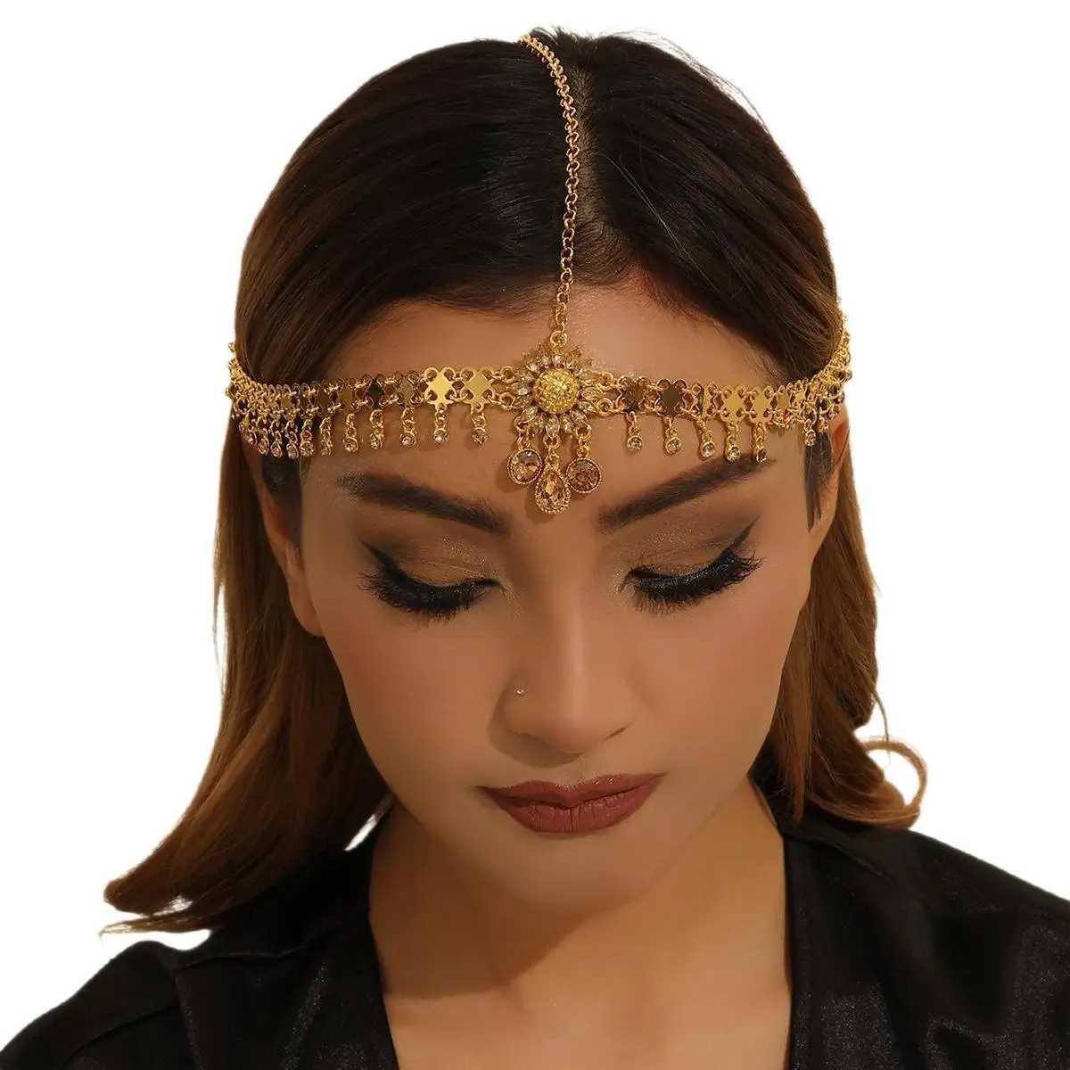 Arab Headdress Gold Color Crystal Sunflower Daisy Rhinestone Water Drop Tassel Head Chain Headband For Women Wedding Accessories
