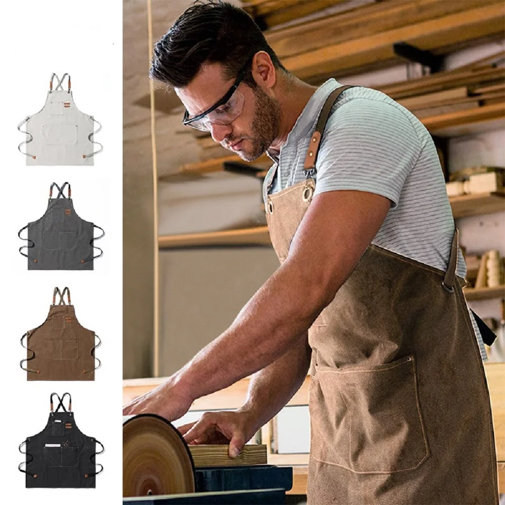 Chef Apron for Men Women Canvas Aprons with 3 Pockets Cross Back Resistant Work Apron for Cooking Gift Choice