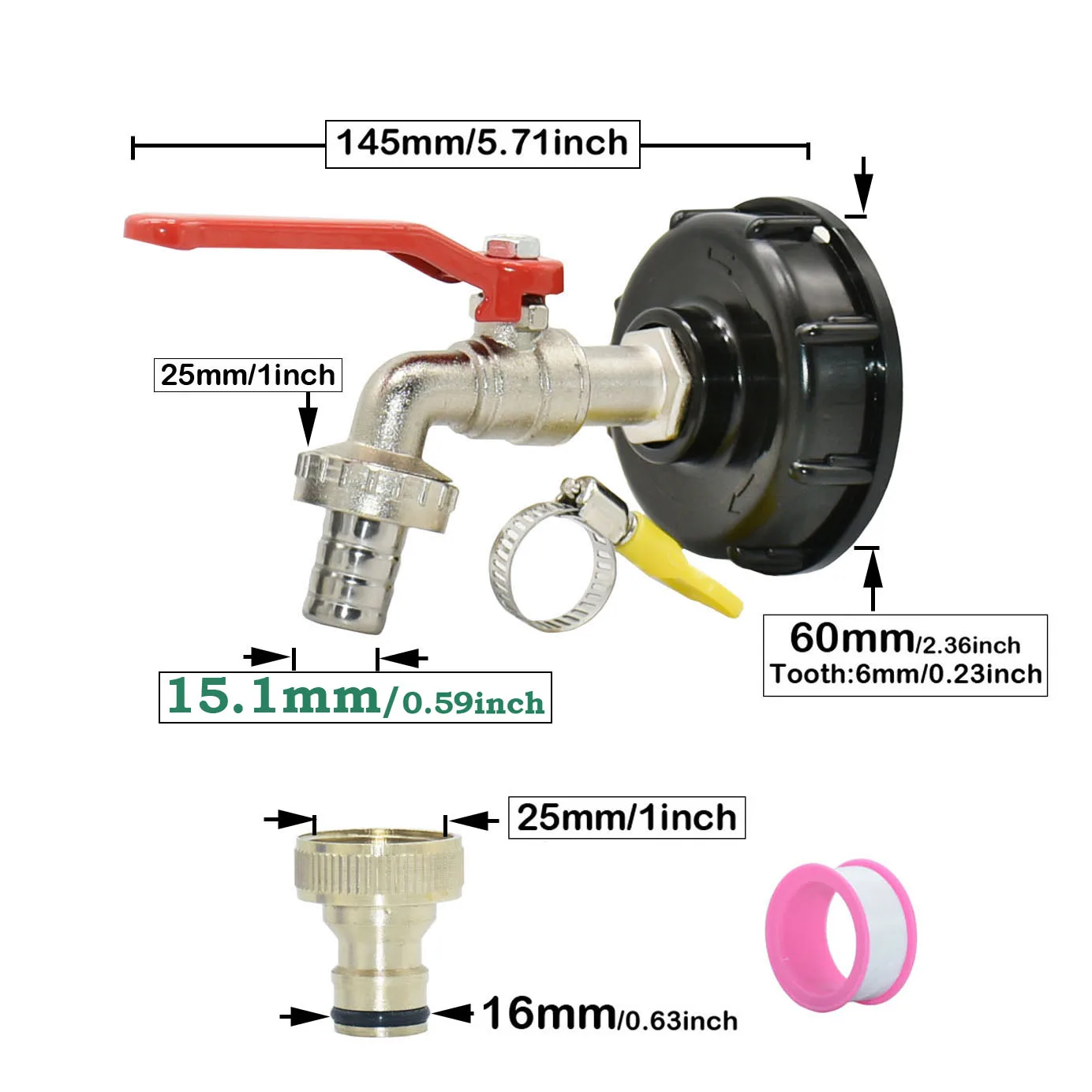

S60 IBC Tank Tap Adapter 16mm Nipple Rain Bucket Fitting Garden Hose Tap Quick Connectr Faucet Alloy Tank Valve