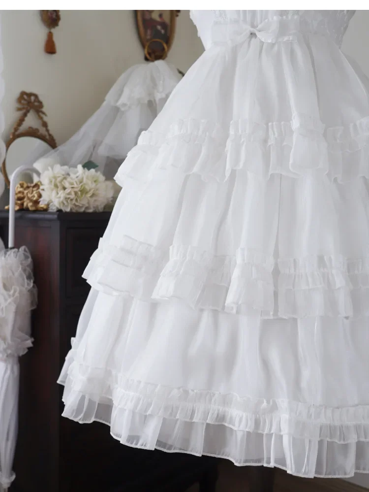 Viktorianisches Lolita-Hosenträgerkleid, Damen-Gothic-Kleid mit Puffärmeln, kurzen Ärmeln, laminierten Rüschen, Mini-Kleid mit Schleife und Rüschen, Prinzessinnenkleid – Detail 10