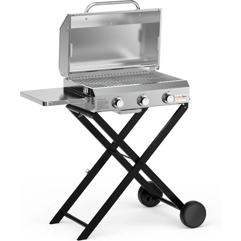 Onlyfire BBQ Gas Grill 3-Burner with Foldable Cart & Side Table, Portable Propane Grill with Lid for Outdoor Patio Backyard