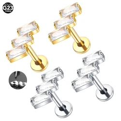 1PC G23 Titanium Rectangle Shape CZ Paved Top Ear Cartilage Threaded Labret Stud Tragus Earring Lip Ring Body Piercing Jewelry