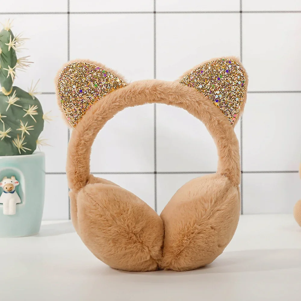 Oreilles de chat mignonnes pour enfants, cache-oreilles en peluche, cache-oreilles chauds, paillettes brillantes, bande de sauna douce, extérieur,