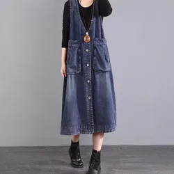 Large Size Women's Denim Vest Dress Spring Korean Dresses Fashion Female Large Pocket Vests Strap Skirt Single-Breasted V-Neck