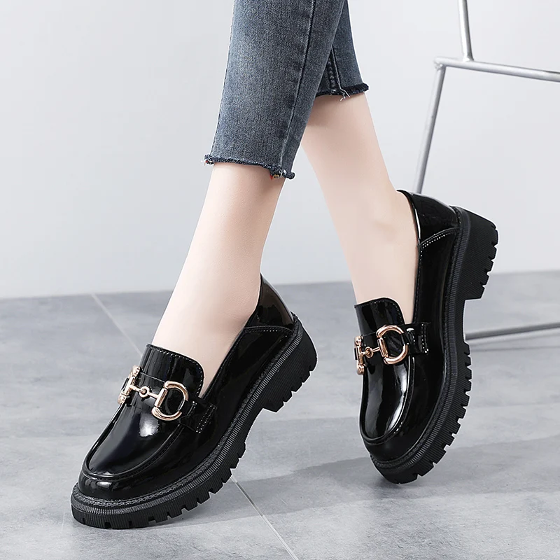 

Women's Patent Leather Platform Loafers with Horsebit, Chunky Heel Slip-On Casual Shoes