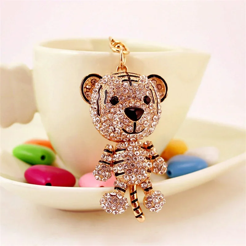 New Fashion Alloy Crystal Key Chain Buckle Ring Jewelry For Men Women Rhinestone Cool Leopard Tiger Keychains