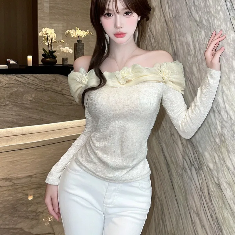 

Fall Aosphere Feel Splice Lace Gentle Faion Versatile Personali Small irt Slimming Sweet Top Women's Faion T-irt