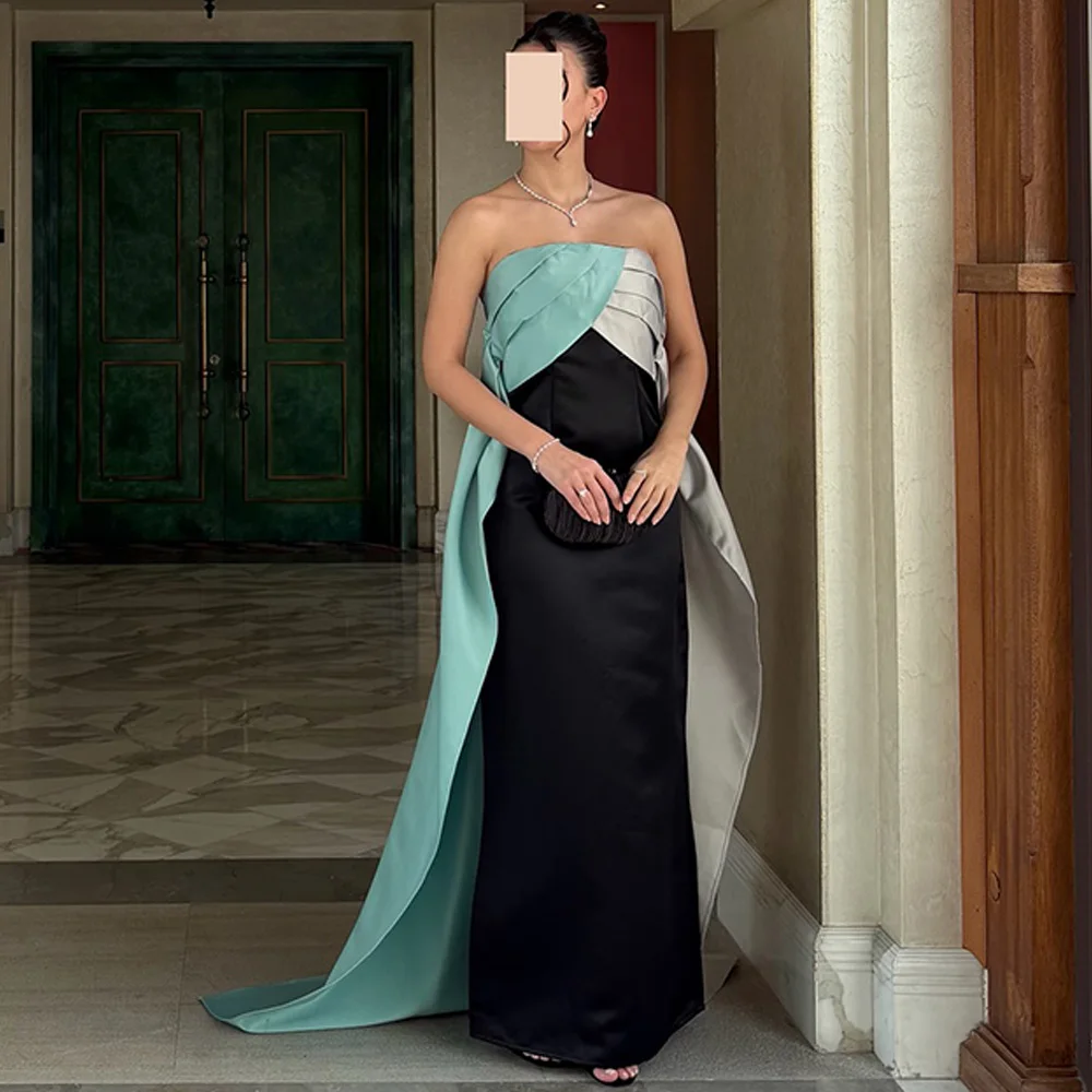ファッションストラップレスノースリーブホームカミングドレスモダンなコントラストカラーイブニングドレス高品質スイープトレインパーティードレス