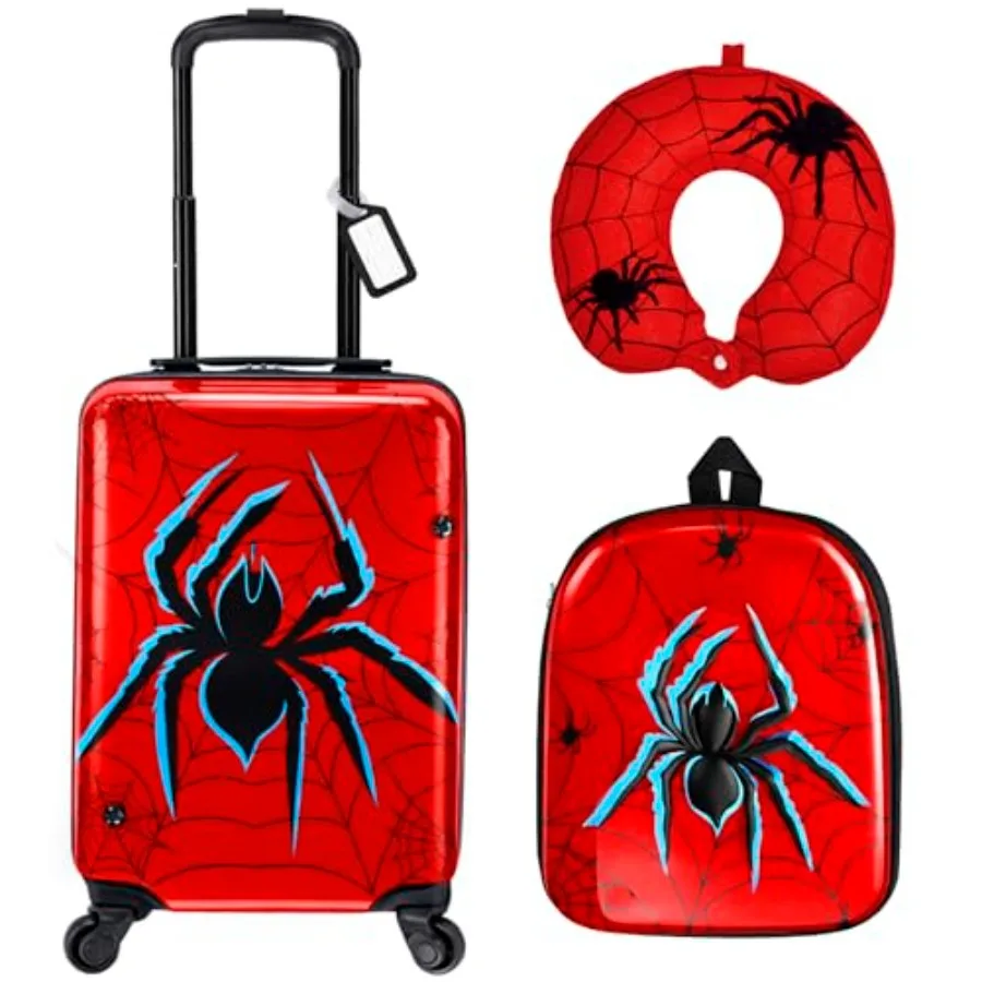 

4 Pcs Spider Luggage Sets 18 Inch Carry on Rolling Suitcase Backpack Neck Pillow Travel Set Gift for Boys