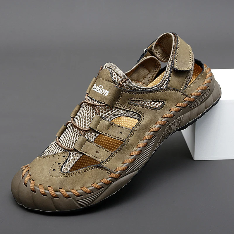 

Summer Mesh+Cow Leather Sandals Soft Non-slip Hollow Beach Shoes Men Big Size 38-47 Anti-Collision Toe Sandales Black Gray Khaki