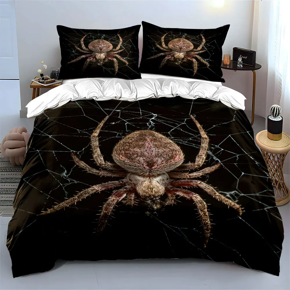 Hairy spider resting on web Pattern Duvet Cover Set Digital Print Colorful Polyester Bedding with Zipper Closur for kids gifts