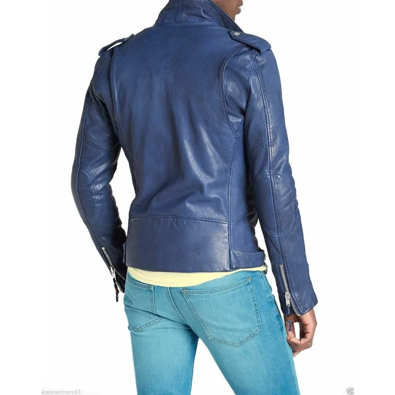 Men's Blue Leather Jacket 100% Soft Sheepskin Slim Fit Fashion Motorcycle Racing Jacket