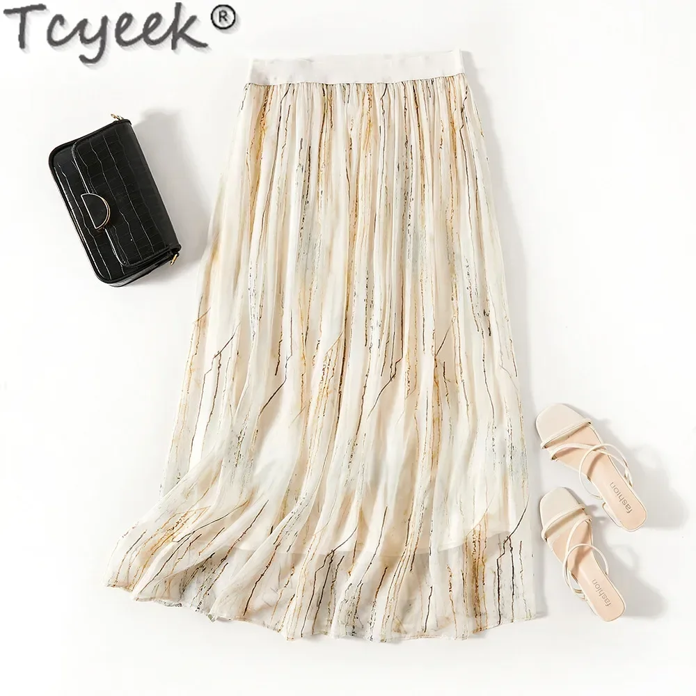 

Tcyeek 100% Mulberry Silk Midi Skirt High Waist Women's Skirt Elegant Skirts for Women Spring Summer Clothes 2024 Юбка Женская