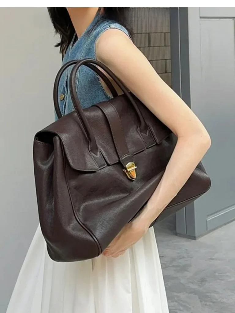 

CBFYZ KKGSR Large Capaci Tote Bag Women's Handbag Vintage Top Layer Vegetable Tanned Leather Briease Sle Soft Handle