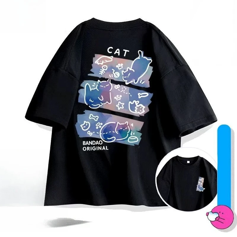 

Футболка с короткими рукавами и круглым вырезом с изображением кота американского цвета для мужчин и женщин, лето 2021, свободный топ с половиной рукавов