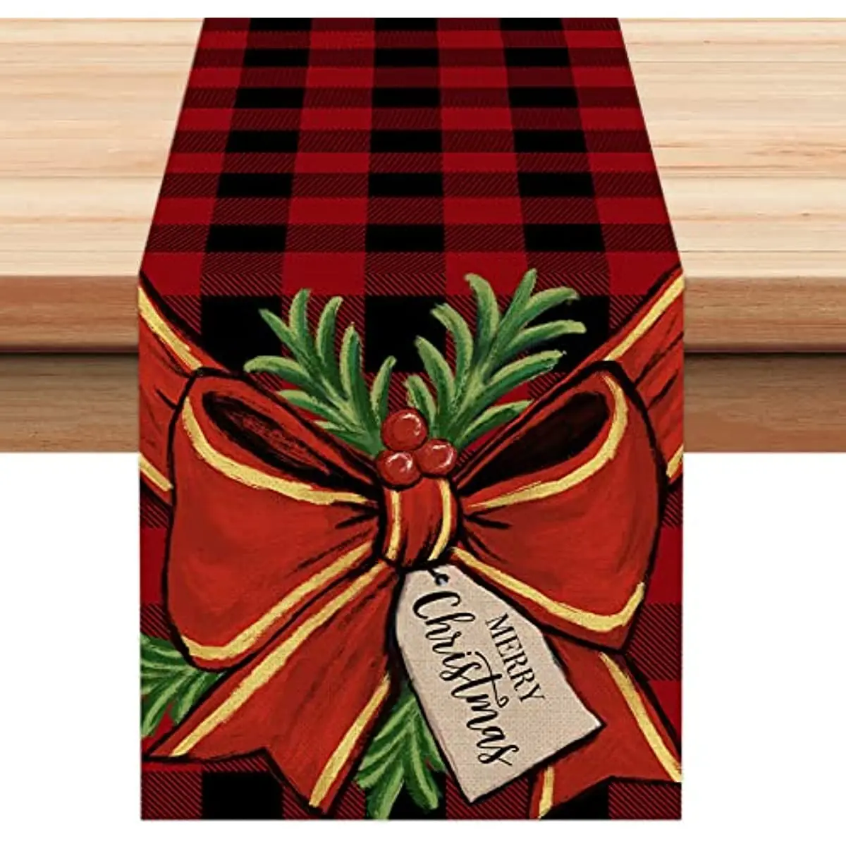 

Christmas Decorations Red Plaid Bow Table Runners Linen Stain Resistant Suitable for Party Gathering Outdoor Decoration