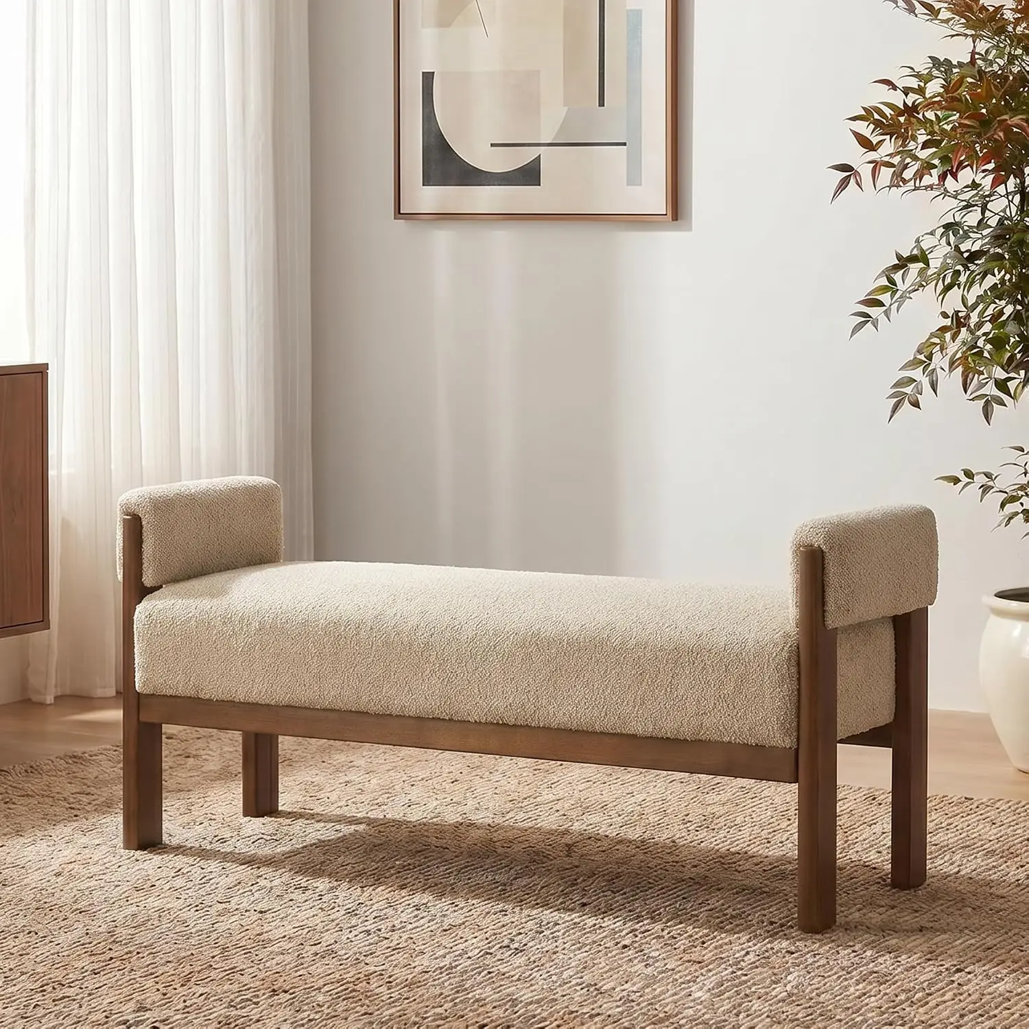 51.8”End of Bed Bench Upholstered Bedroom Bench with Arms, Brown