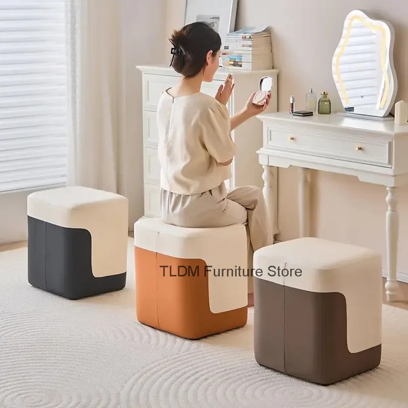 Modern Leather Square Ottomans - Contrast Color Padded Footstools for Living Room Bedroom Home Decor