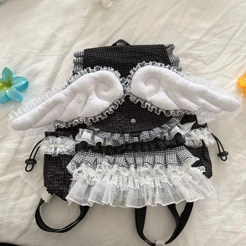 Japanese Sweet Lolita Wings Backpack Y2K Black Checked Lace Ruffle Edge Drawstring Backpack Kawaii Gothic Comic-Con Schoolbag