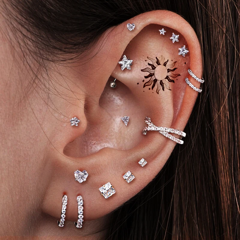 1PC Shiny CZ Star Heart 3/4/5mm Ear Cartilage Piercing Screw Earring for Women Squares Triangle Helix Daith Lobe Body Jewelry