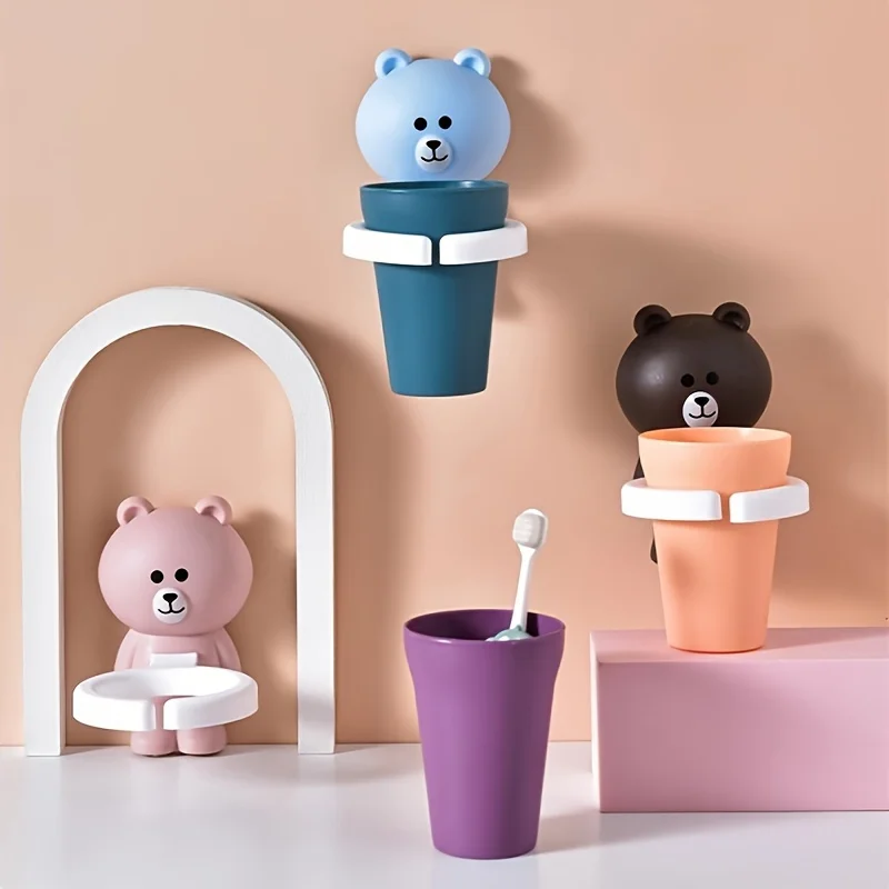Creative bathroom adhesive style toothbrush storage rack for male and female student , cute dental cups, no need to drill holes