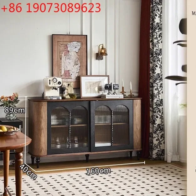 French solid wood dining side cabinet, household small apartment two-color curved glass side cabinet