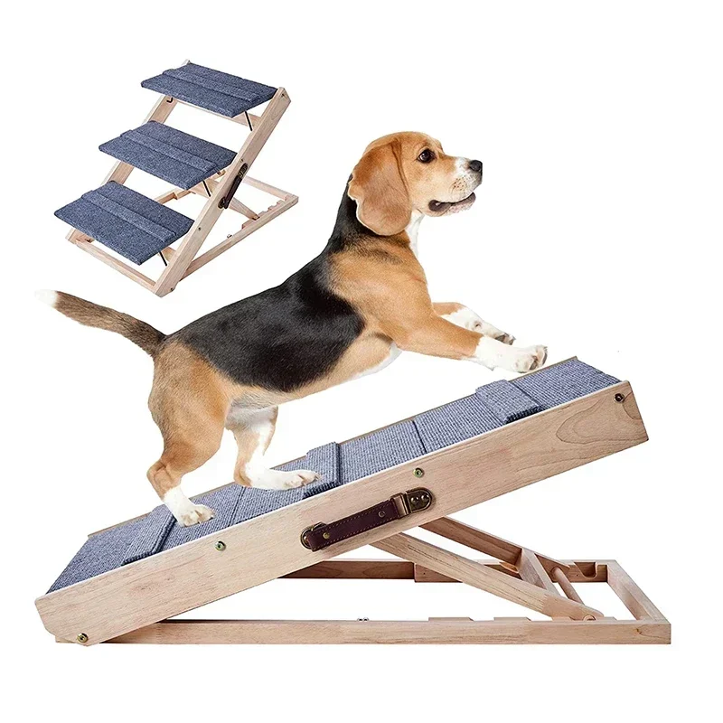 High Quality Dog Ramp Cat Stairs 2-in-1 Wooden Height Adjustable Pet Ramps Folding Portable Pine Wood for Pickup Truck Couch