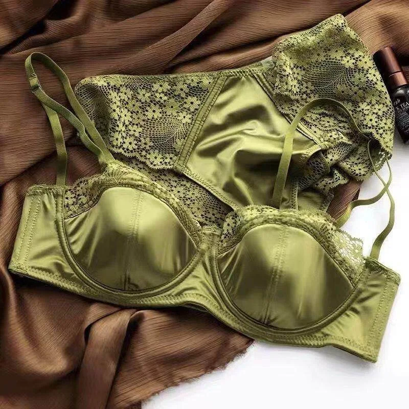 European -American sexy satin half cup comfortable upper support underwear set thin with steel ring green lace edge glossy bra